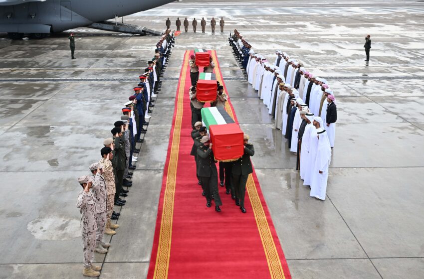  Bodies of four UAE Armed Forces’ martyrs arrive at Al Bateen Airport in Abu Dhabi